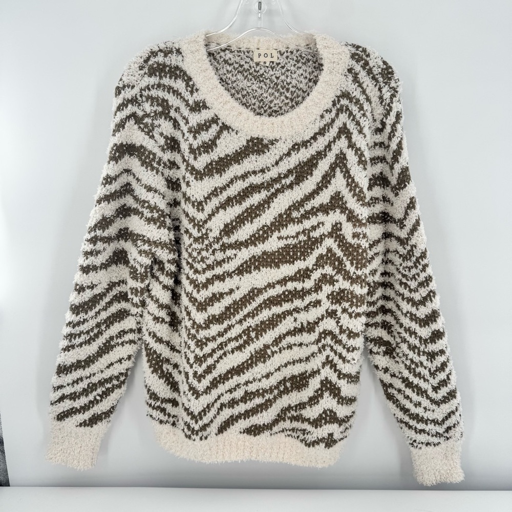 POL Sweater Tan White Zebra Striped Fuzzy‎ Pullover Long Sleeve Top Size S